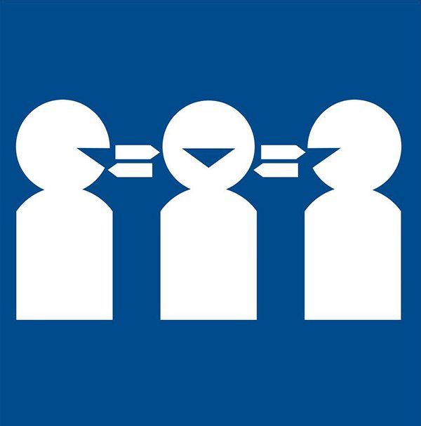 Simple graphic of three stylised figures on a blue background with arrows showing communication between them.